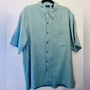 WtF Shirt Mens L Silk Hawaiian Wood Button Up Green Embossed Print